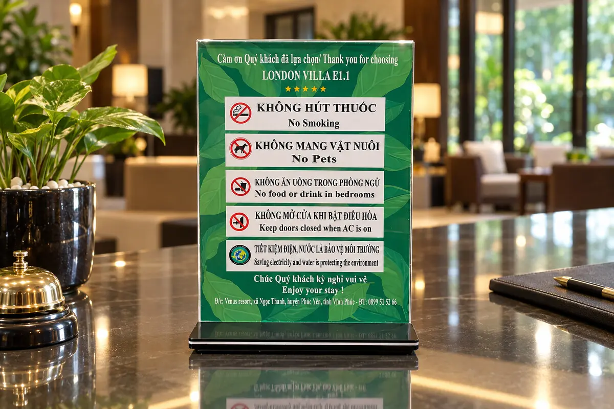 Standee để bàn in nội quy tại quầy lễ tân khách sạn
