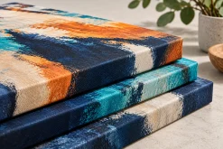 Cận cảnh nhiều tranh Canvas xếp chồng với cạnh tranh được in phủ màu.