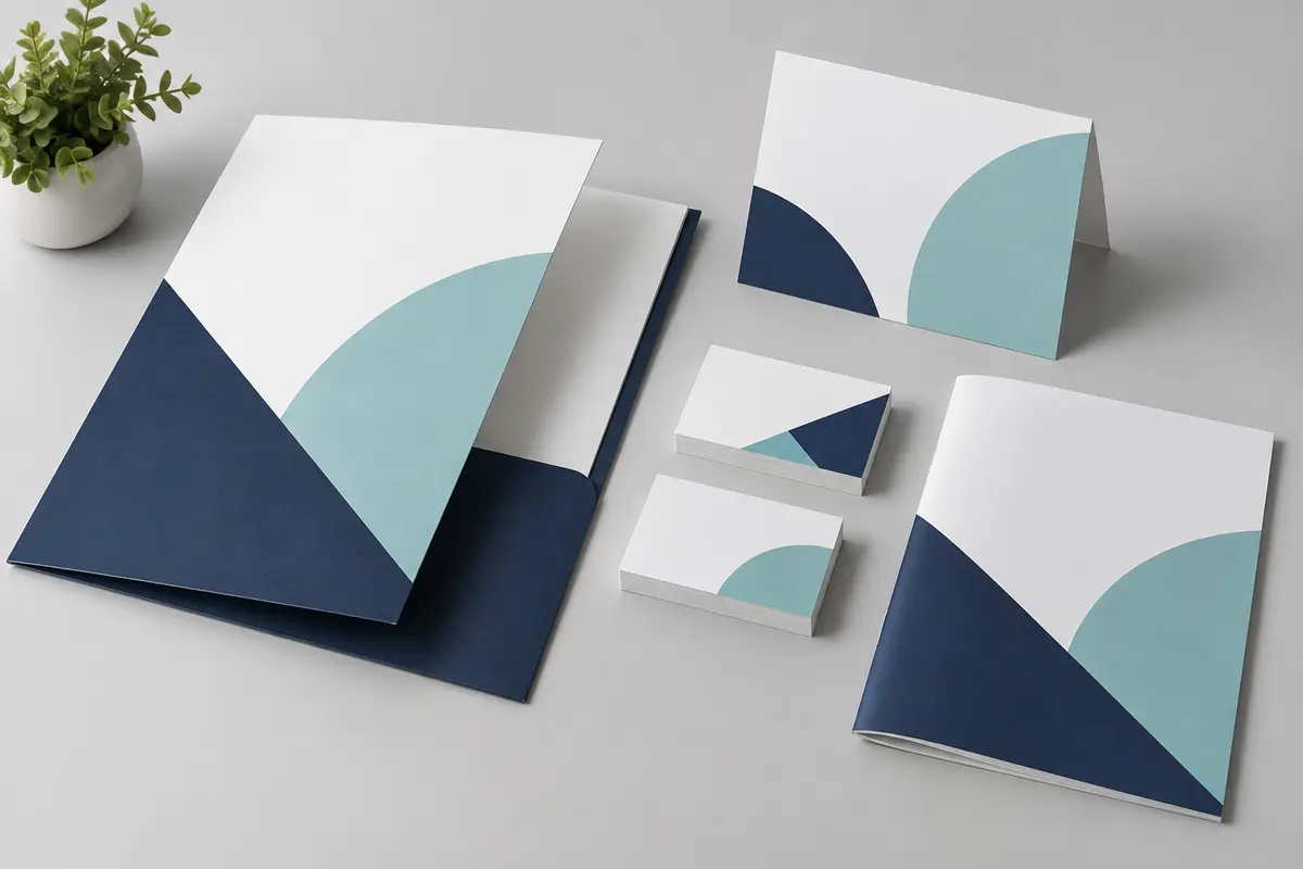 Bộ ấn phẩm giấy bristol gồm folder, danh thiếp, thiệp và bìa tài liệu