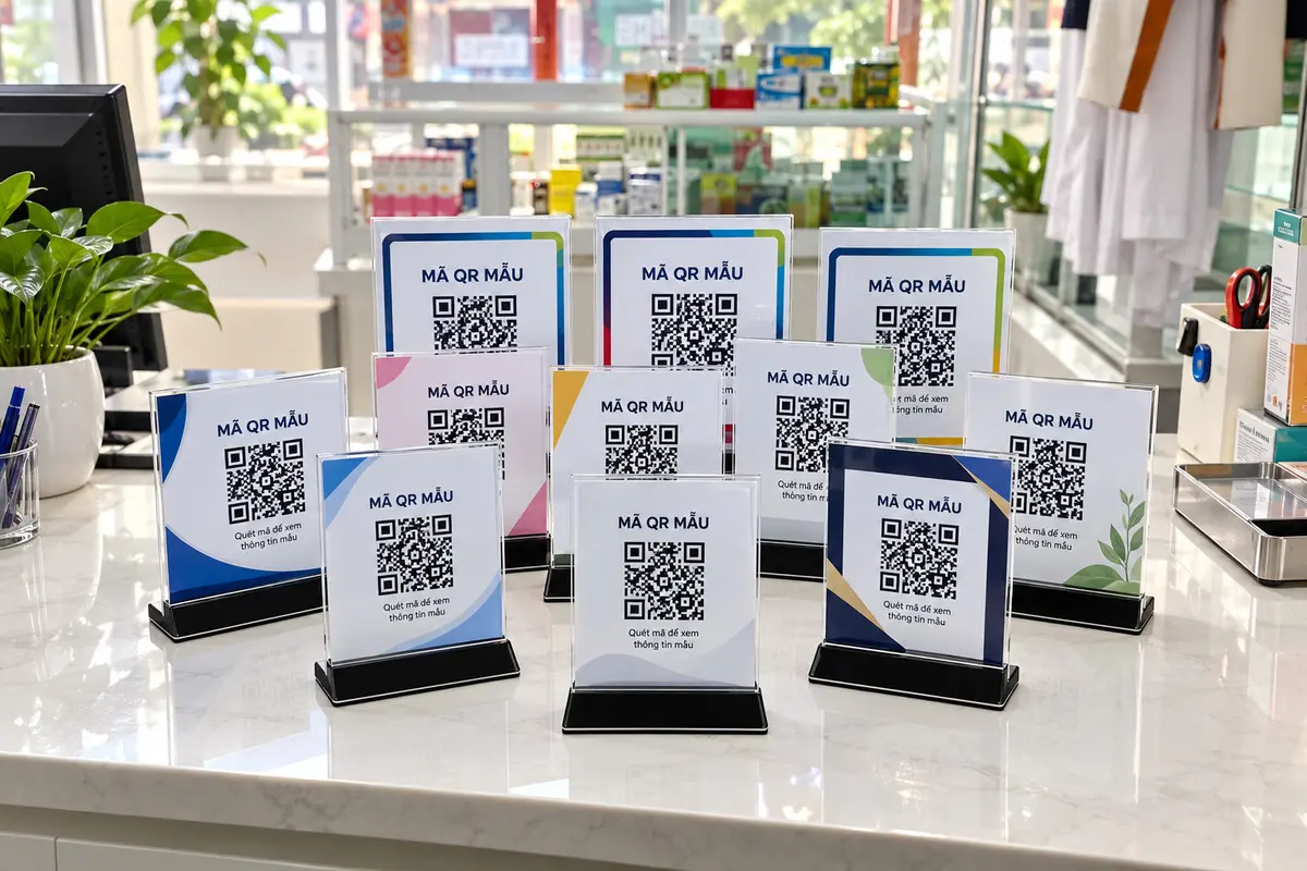 Bộ kệ mica để bàn trưng bày nhiều mẫu mã QR