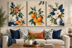 Bộ ba tranh Canvas hoa lá và tĩnh vật trang trí phòng khách.