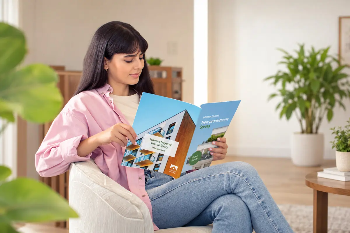 Người đọc catalogue kiến trúc trong phòng khách