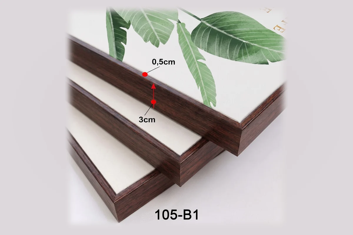Khung tranh vân gỗ đậm mã 105-B1 với thông số mặt cắt minh họa.