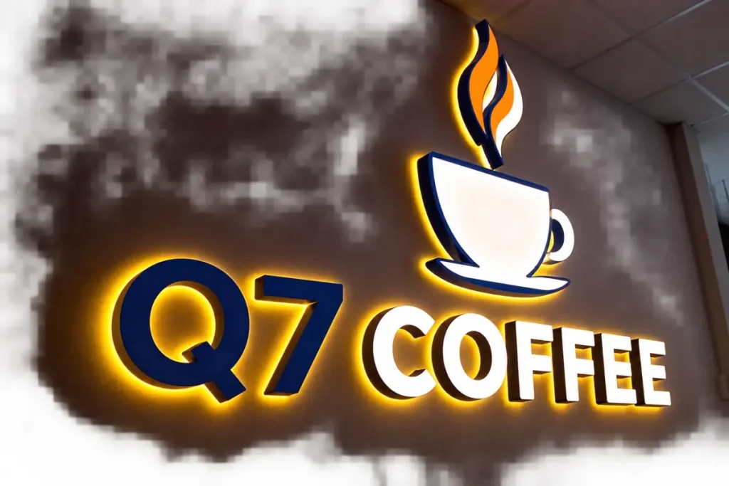 Chữ và biểu tượng mica Q7 Coffee được gắn trên tường quán cà phê.