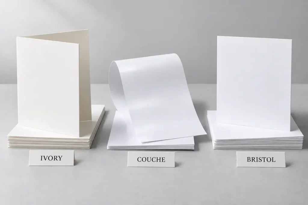 Ba nhóm mẫu giấy với nhãn Ivory, Couche và Bristol.