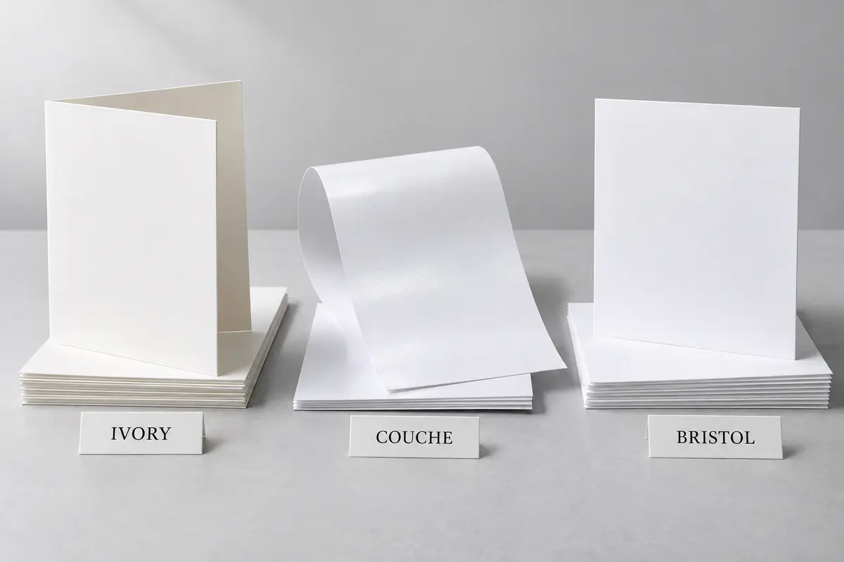 Ba nhóm mẫu giấy với nhãn Ivory, Couche và Bristol