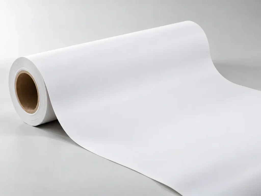 Cuộn vật liệu PP trắng chưa in được trải ra trên nền xám sáng.