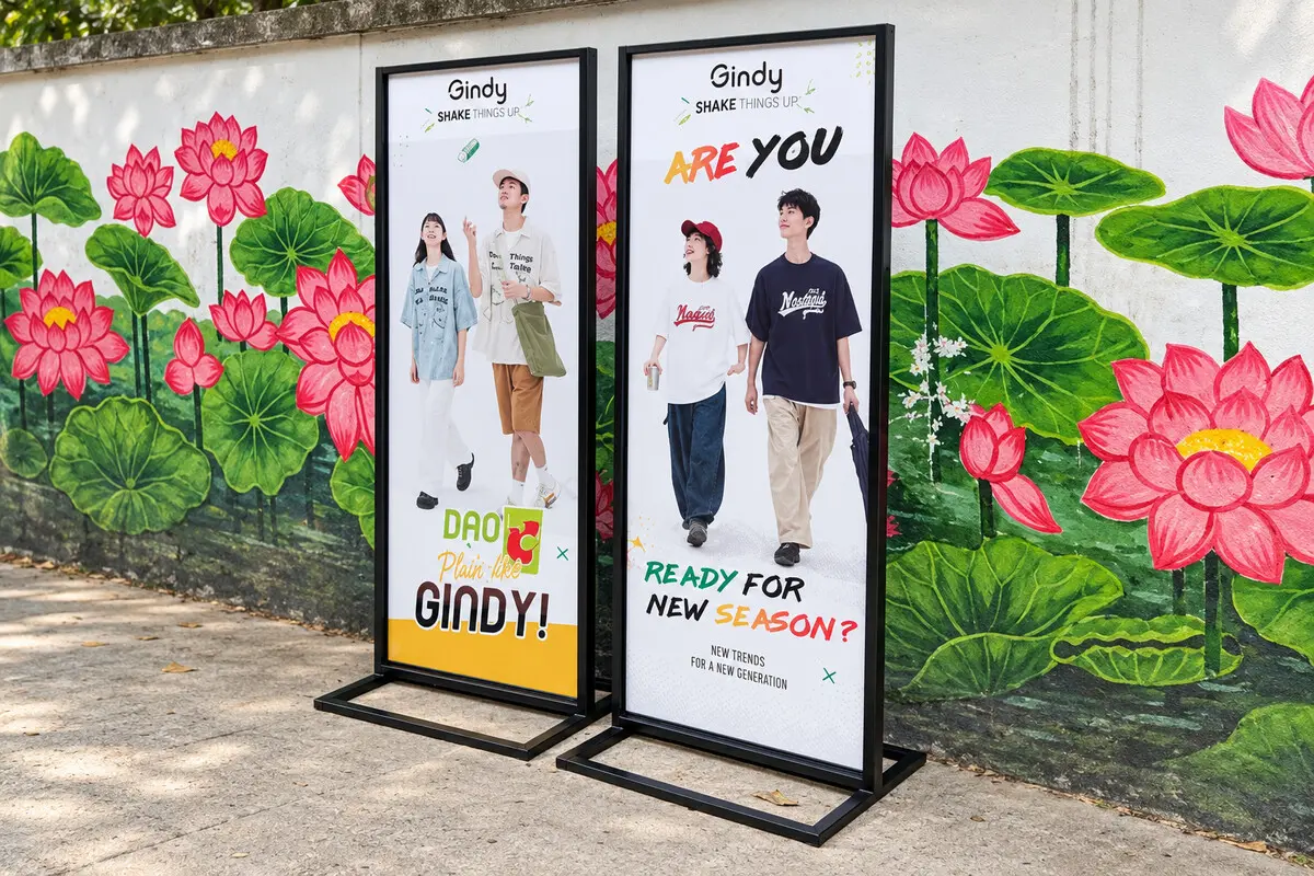 Hai standee quảng cáo thời trang đặt trước cửa hàng