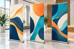 Ba standee cuốn in PP đặt trong không gian sự kiện hiện đại