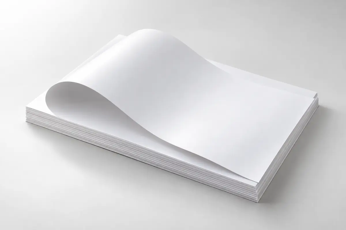 Tờ giấy Couche trắng chưa in trên chồng giấy