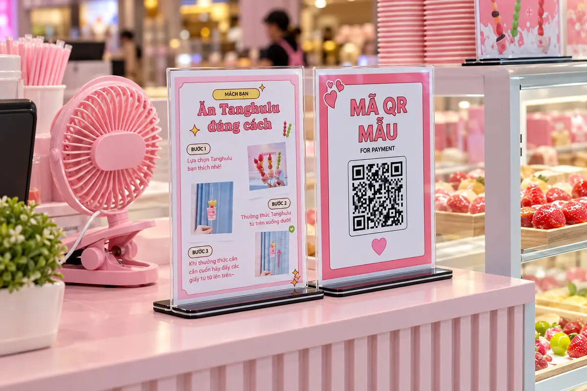 Standee menu và mã QR thanh toán tại quầy đồ ngọt