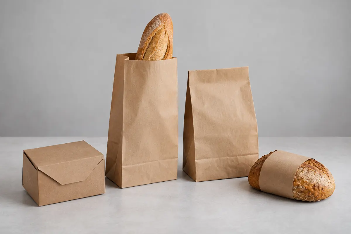 Túi giấy kraft đựng bánh mì đặt cạnh hộp bánh và đai giấy