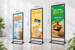 Ba cỡ standee chân sắt đặt cạnh nhau để so sánh