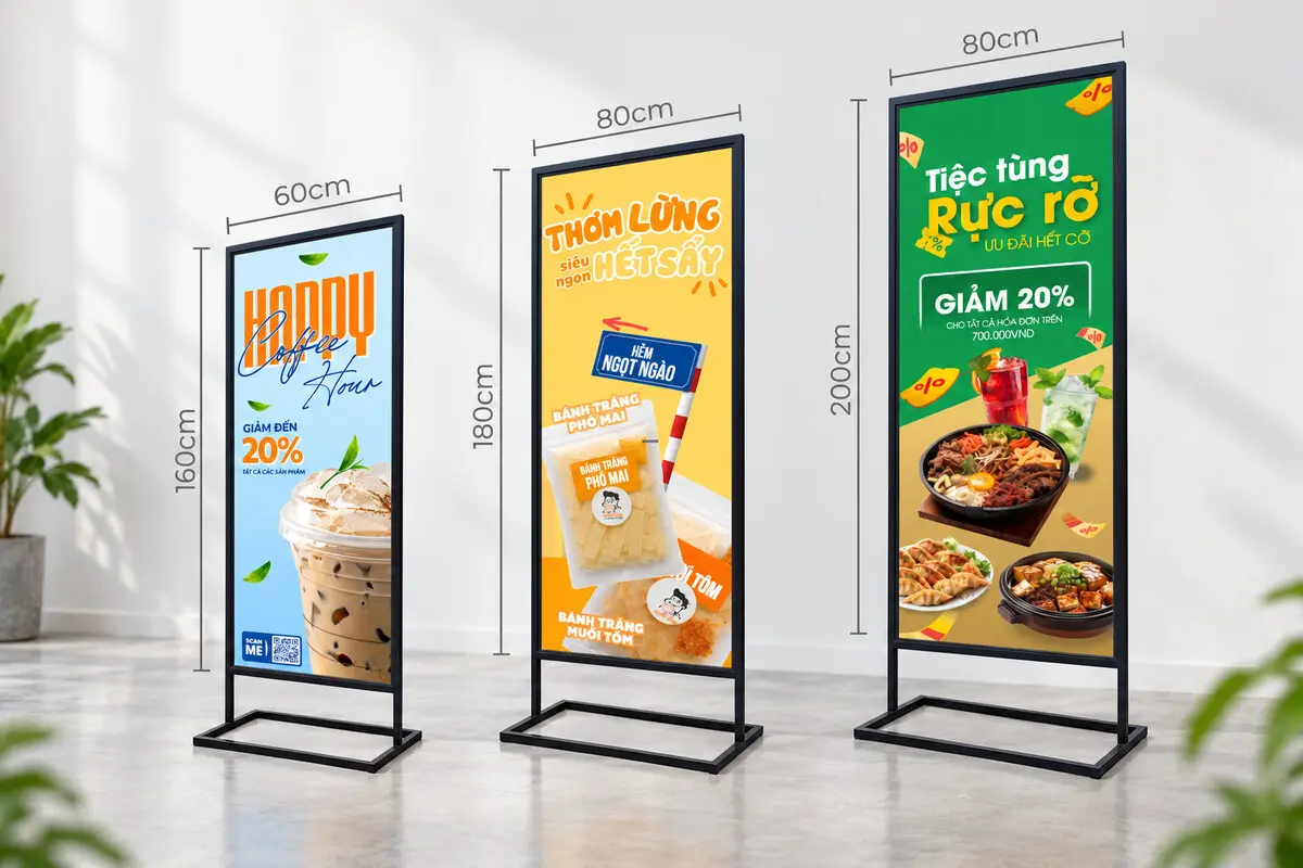 Ba cỡ standee chân sắt đặt cạnh nhau để so sánh