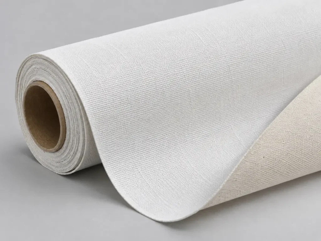 Cuộn canvas trắng ngà chưa in với phần vải trải ra, nhìn rõ cấu trúc dệt.