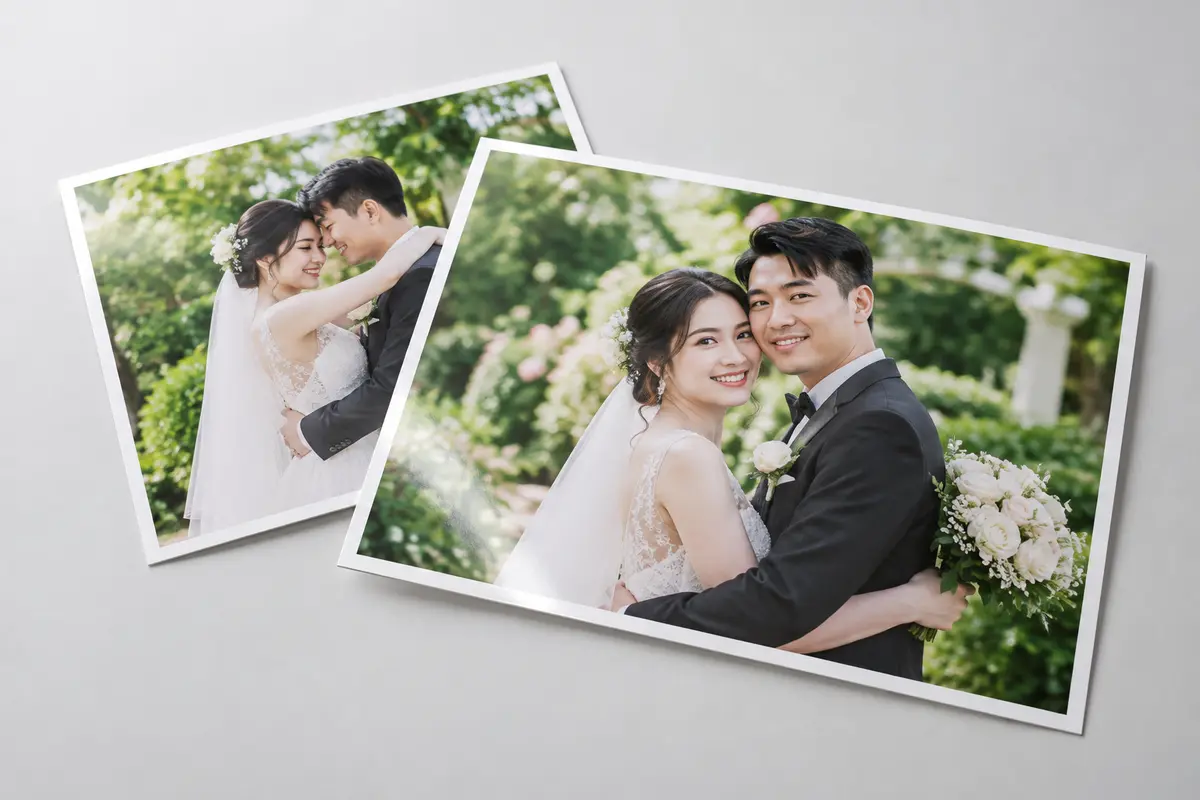 Cận cảnh hai bản in ảnh cưới xếp chồng, màu sắc và viền giấy rõ nét