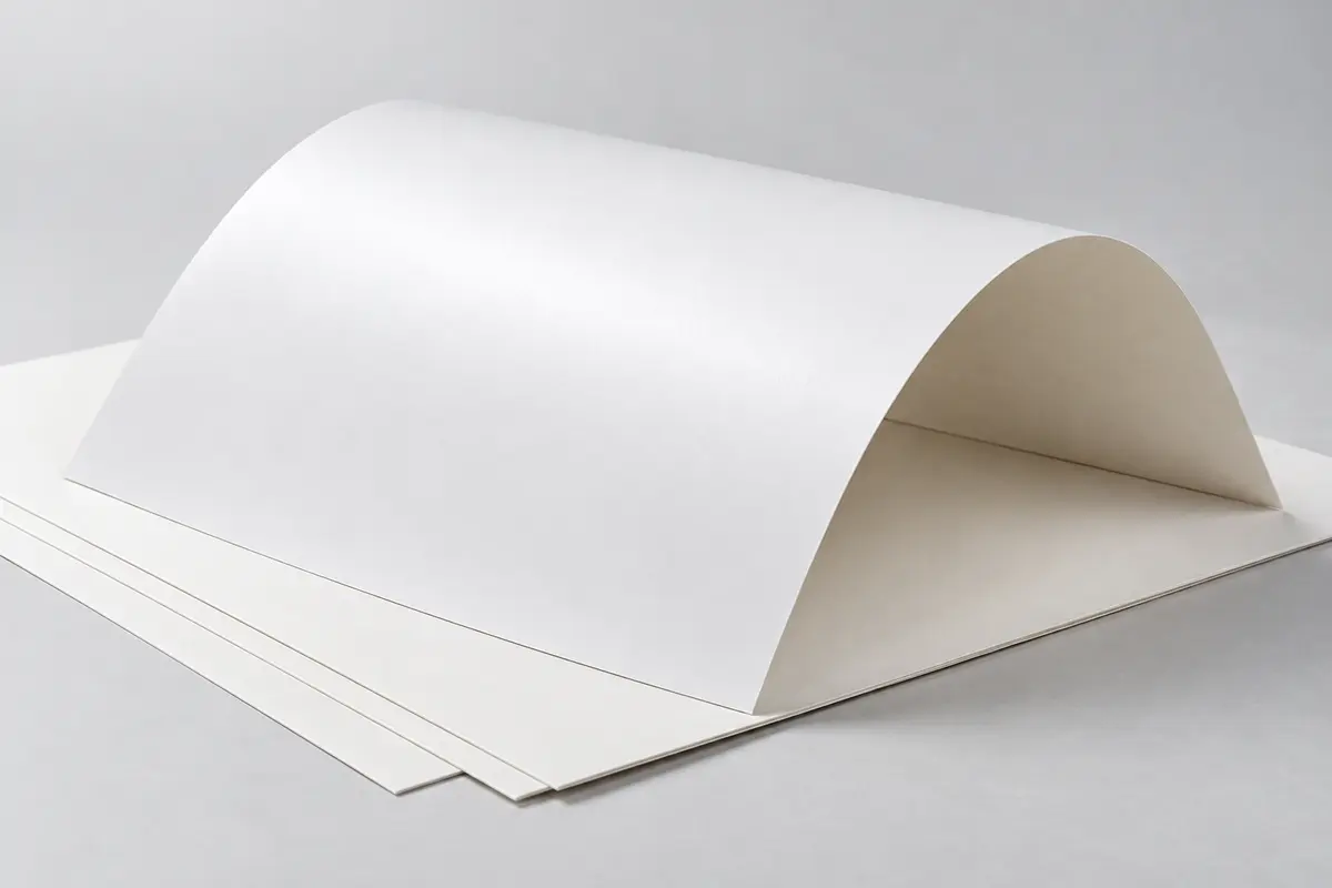Cận cảnh tờ giấy ivory trắng uốn cong trên chồng giấy