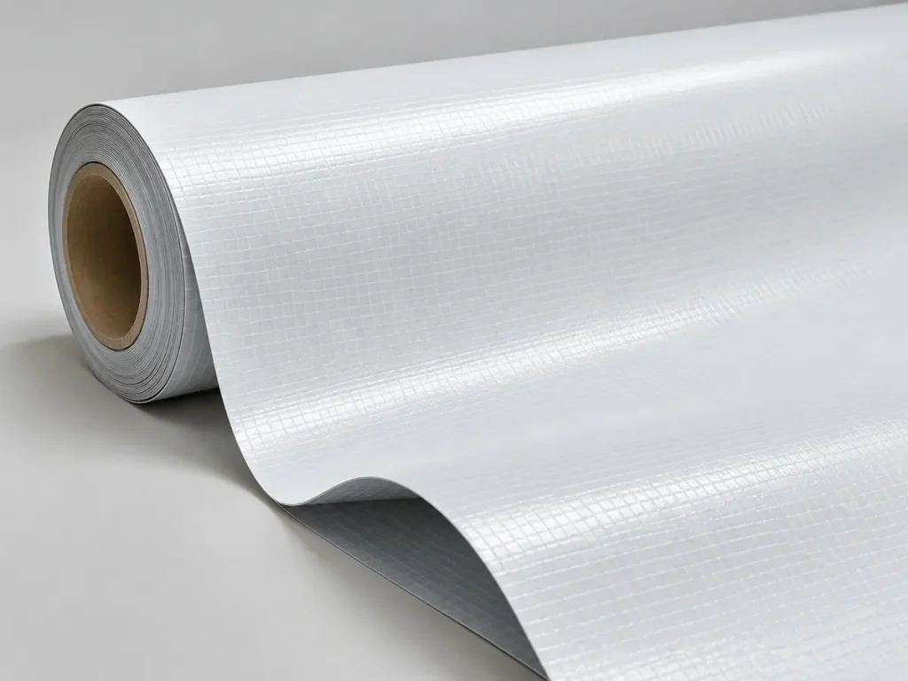 Cuộn bạt Hiflex trắng chưa in với bề mặt có vân lưới và mặt sau xám.