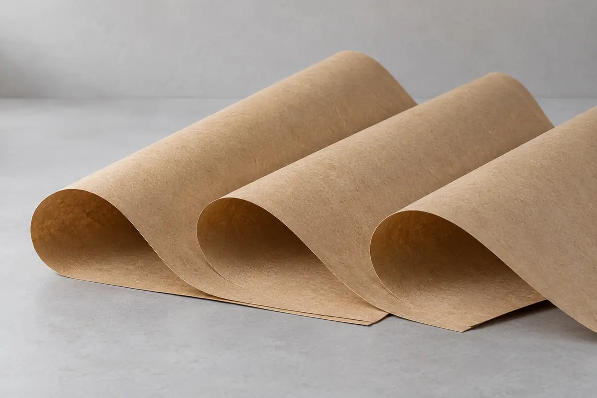 Cận cảnh các tờ giấy kraft nâu uốn cong, thể hiện bề mặt và cạnh giấy