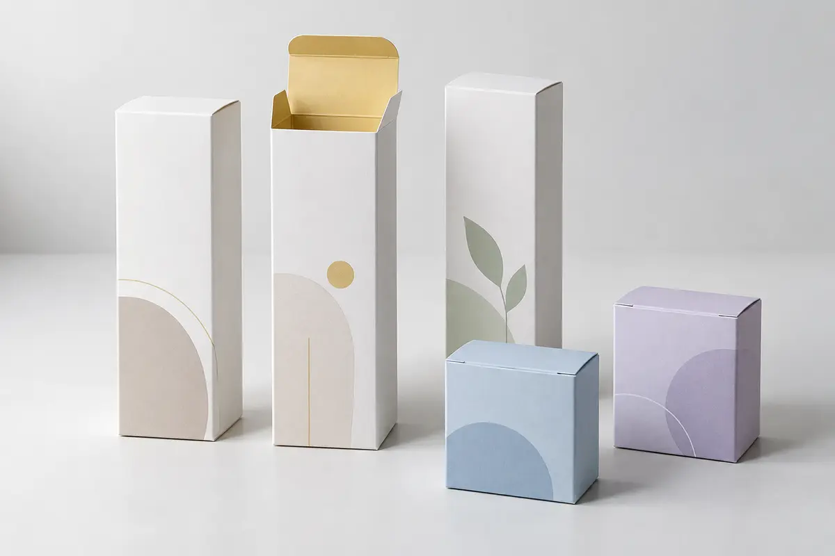 Các hộp giấy sản phẩm màu trắng và pastel, có hộp mở nắp
