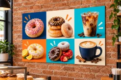 Bảng menu Formex in hình bánh và đồ uống treo trên tường gạch