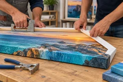 Thợ gia công căng và ghim vải in Canvas lên khung gỗ.