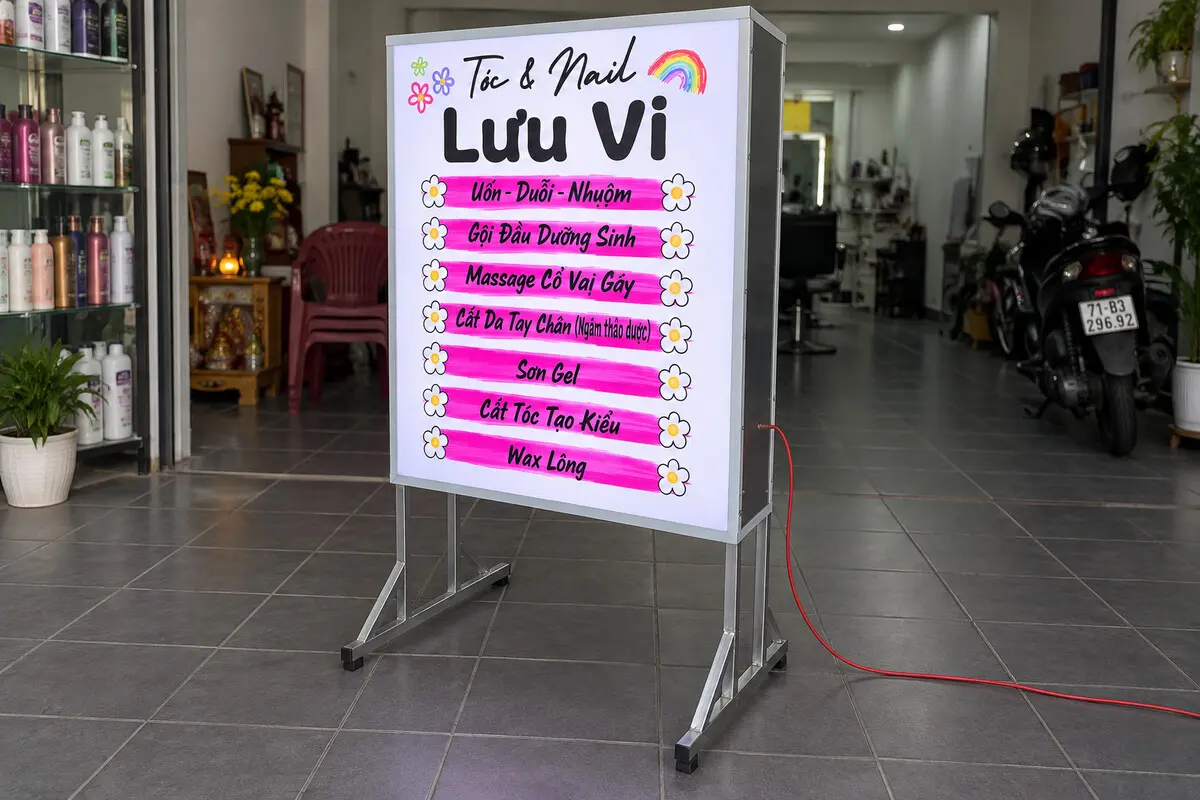 Standee bạt xuyên đèn quảng cáo dịch vụ tóc và nail