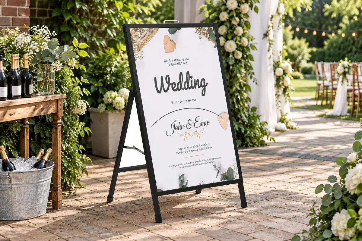 Standee chữ A làm bảng chào tại tiệc cưới ngoài trời