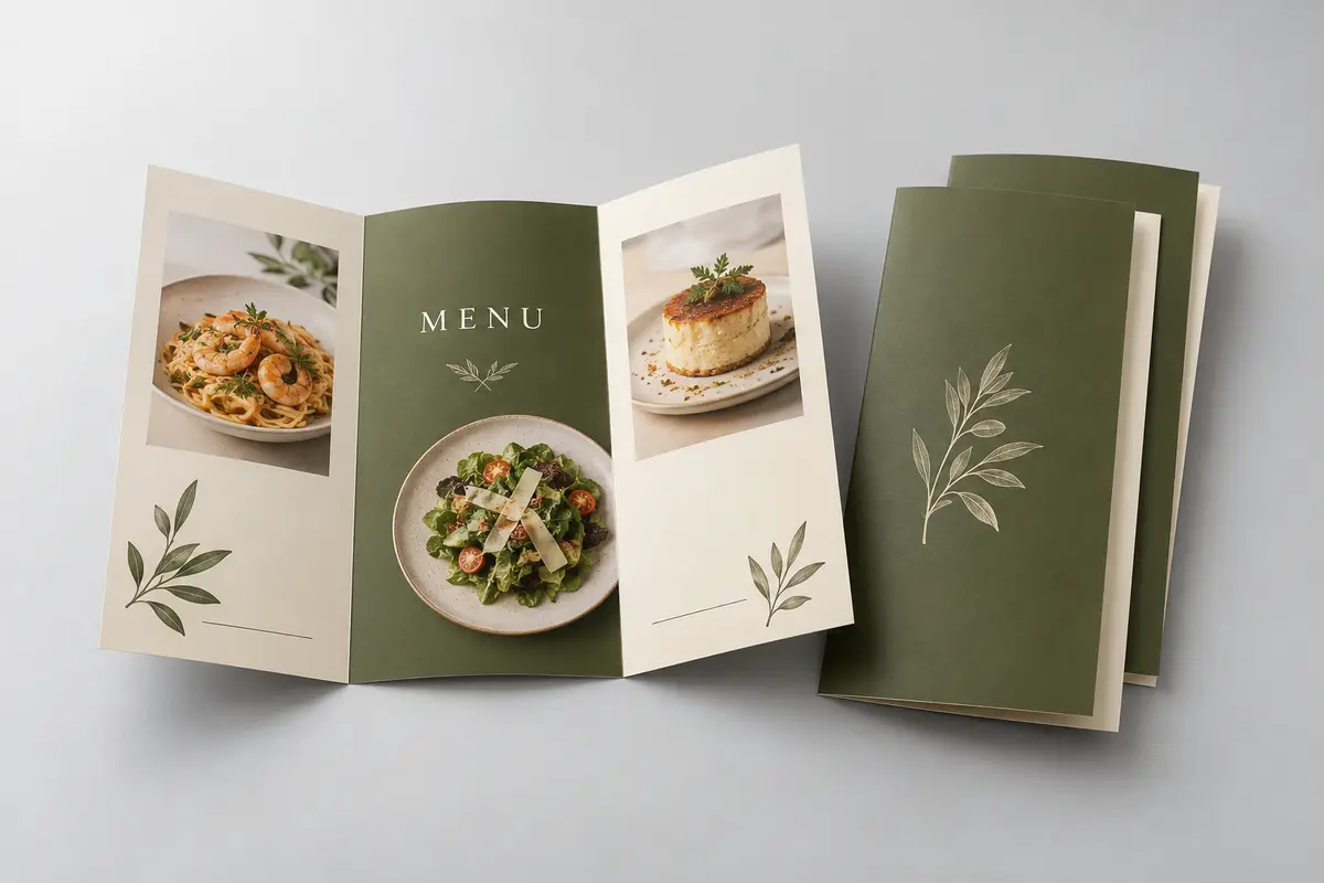 Mẫu menu gấp ba trên giấy bristol với hình món ăn và tông xanh ô liu