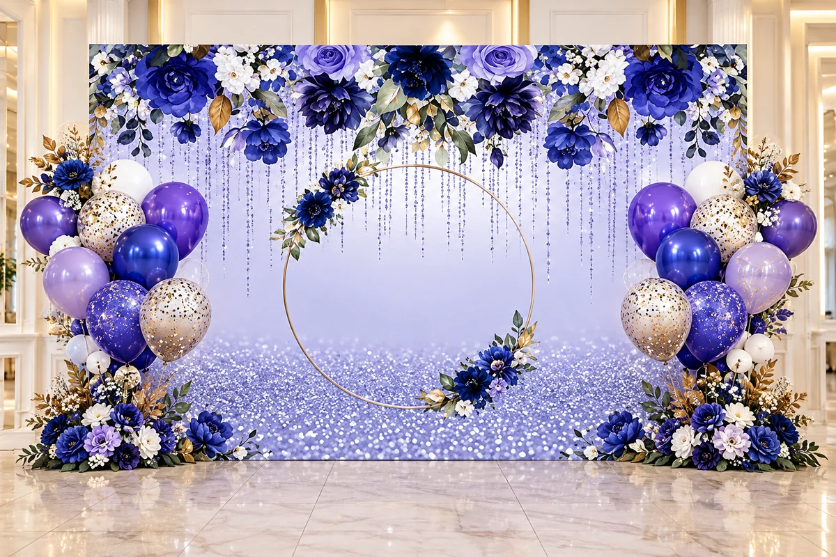 Backdrop sinh nhật bạt Hiflex trang trí hoa và bóng bay.