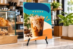 Bảng Formex nhỏ in hình cà phê đặt trên quầy bán hàng
