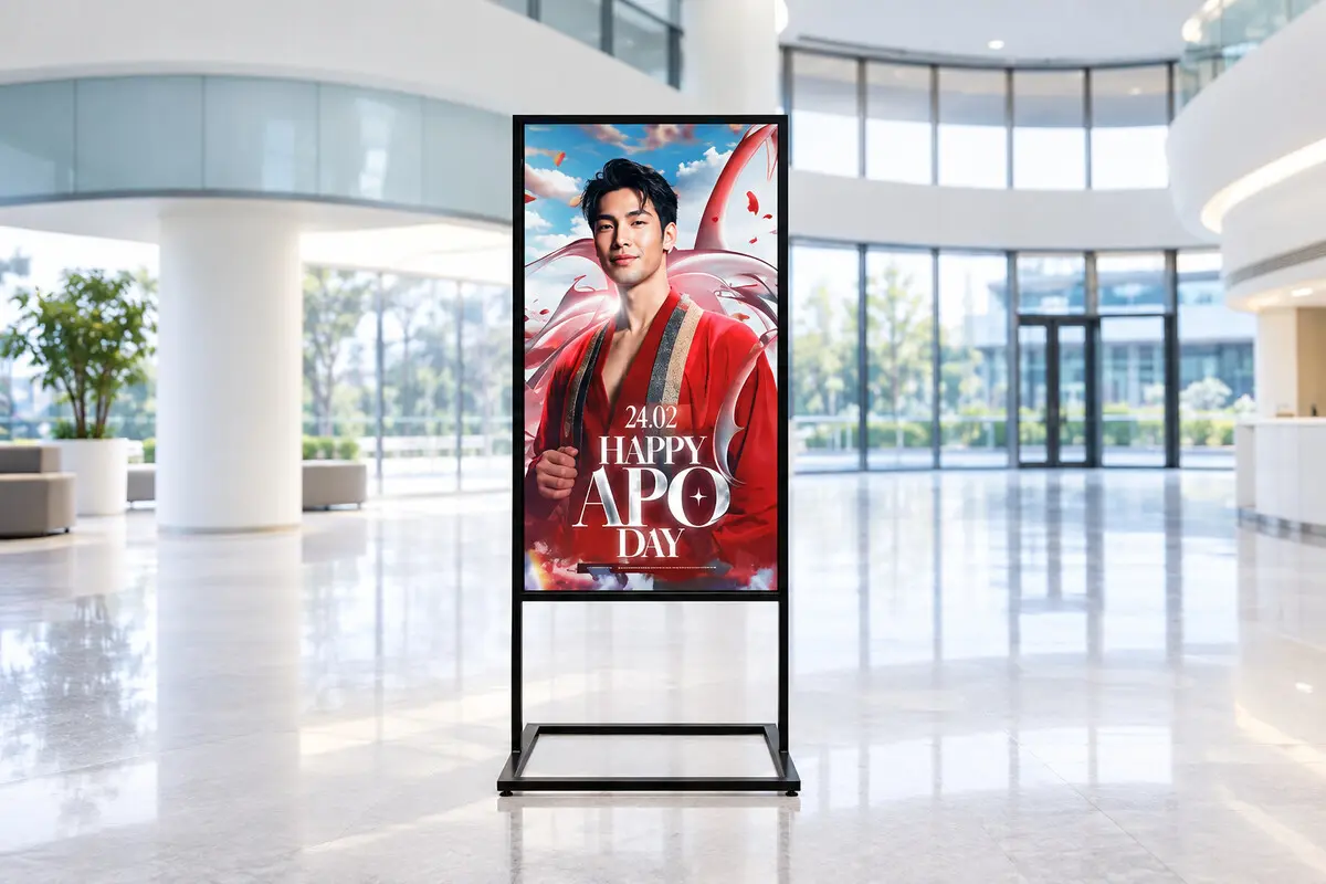 Standee chân sắt trưng bày tại sảnh tòa nhà