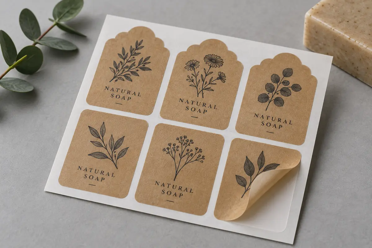 Tem nhãn giấy kraft in họa tiết thực vật, một góc tem bóc khỏi đế trắng
