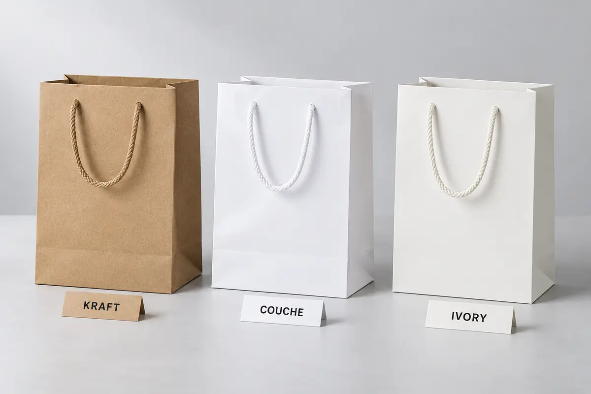 Ba túi giấy có nhãn Kraft, Couche và Ivory đặt cạnh nhau