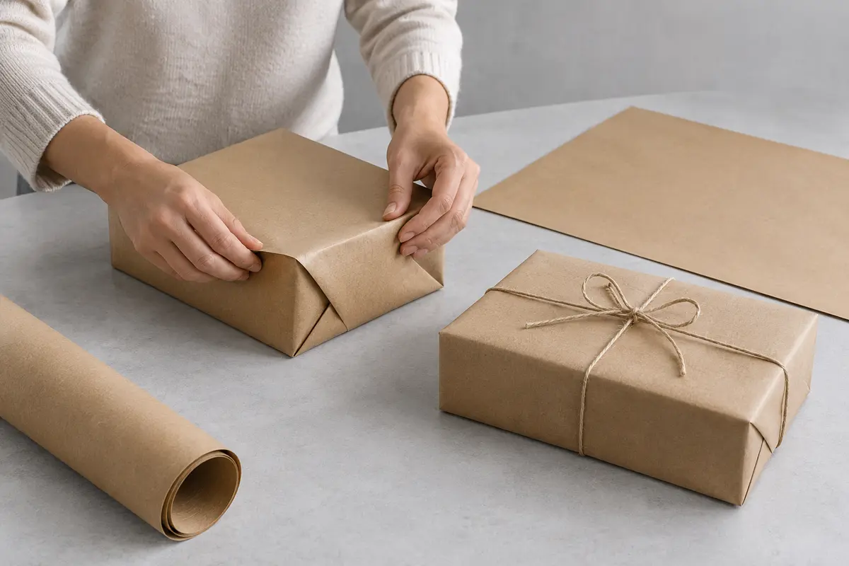 Giấy kraft nâu được dùng gói kiện hàng, cạnh một gói đã buộc dây