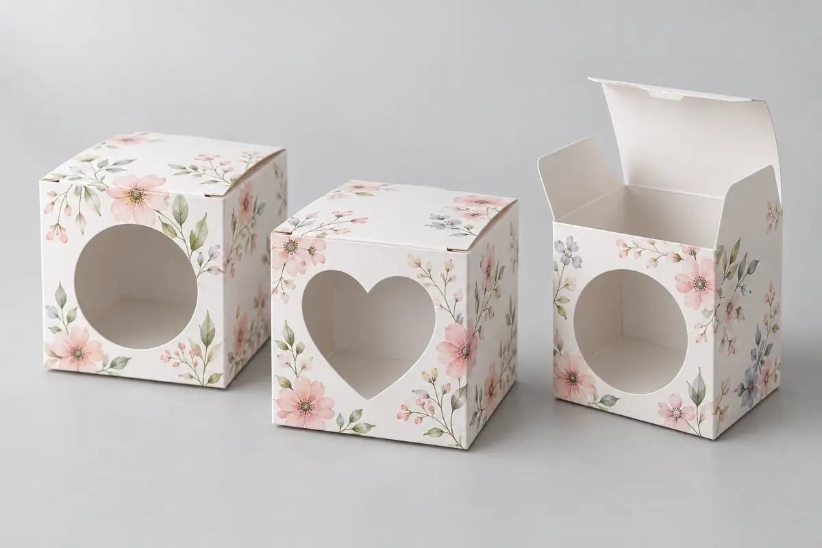 Hộp giấy bristol in hoa pastel với cửa sổ bế hình tròn và trái tim