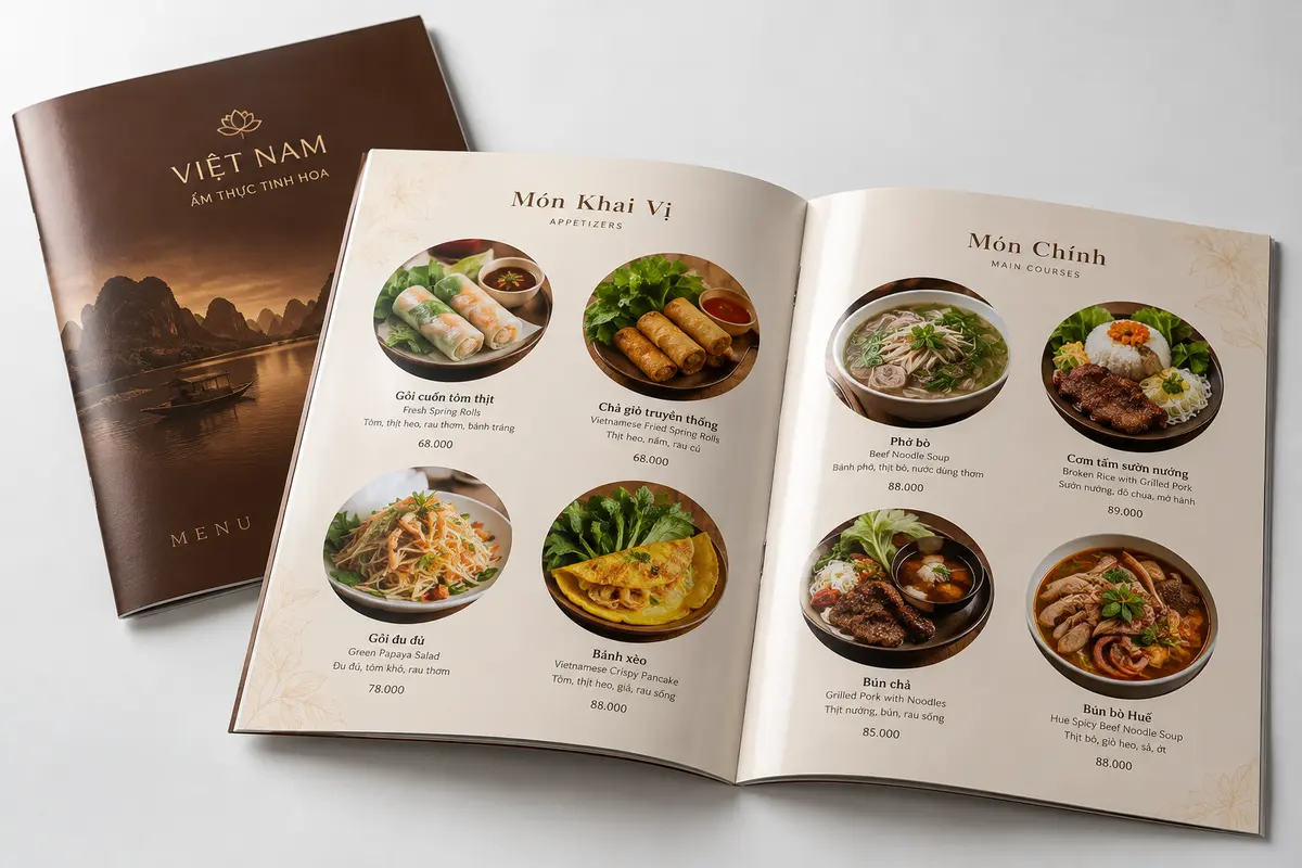 Menu món Việt in màu trên giấy Couche