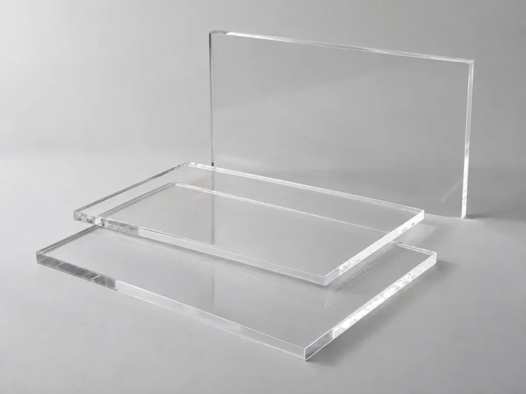 Các tấm mica trong suốt chưa in xếp so le, nhìn rõ cạnh tấm.