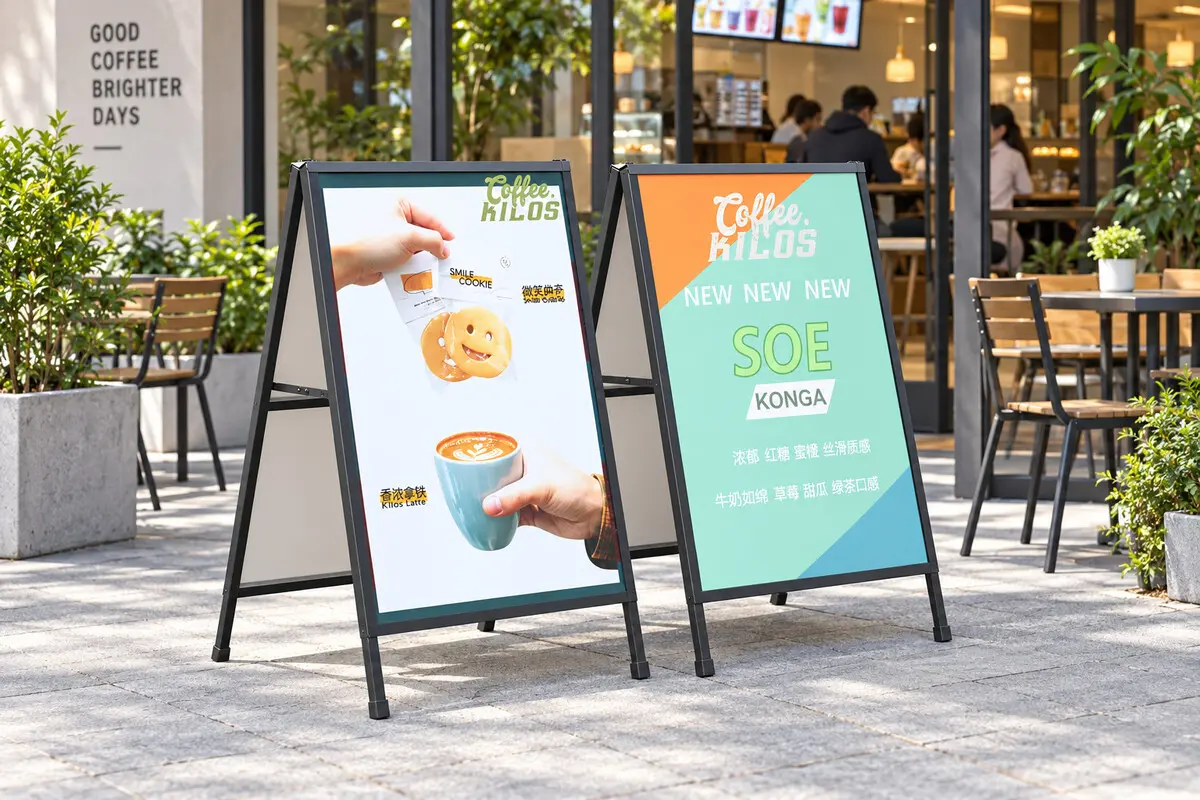Hai standee chữ A in menu đặt trước cửa hàng