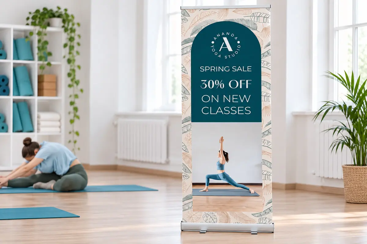 Standee cuốn quảng cáo lớp yoga tại phòng tập