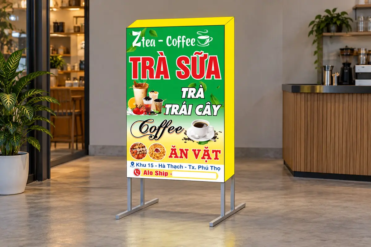 Hai standee hộp đèn quảng cáo trà sữa và cà phê