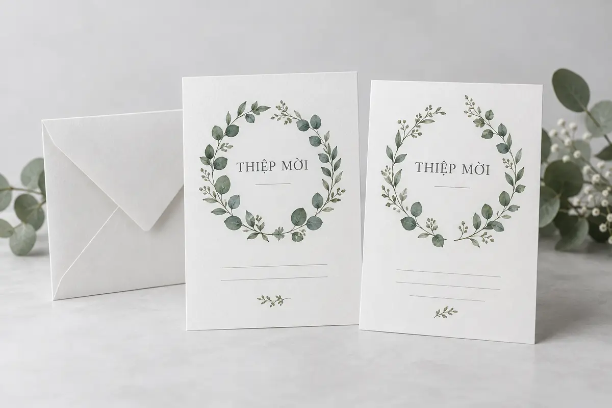 Thiệp cưới giấy fort trắng với họa tiết vòng lá xanh