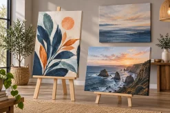 Nhiều kích thước tranh Canvas được trưng bày trên giá gỗ và treo tường.