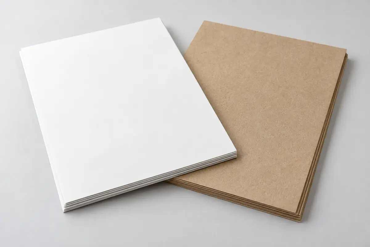 Giấy ivory trắng đặt cạnh giấy Kraft nâu, nhìn rõ bề mặt