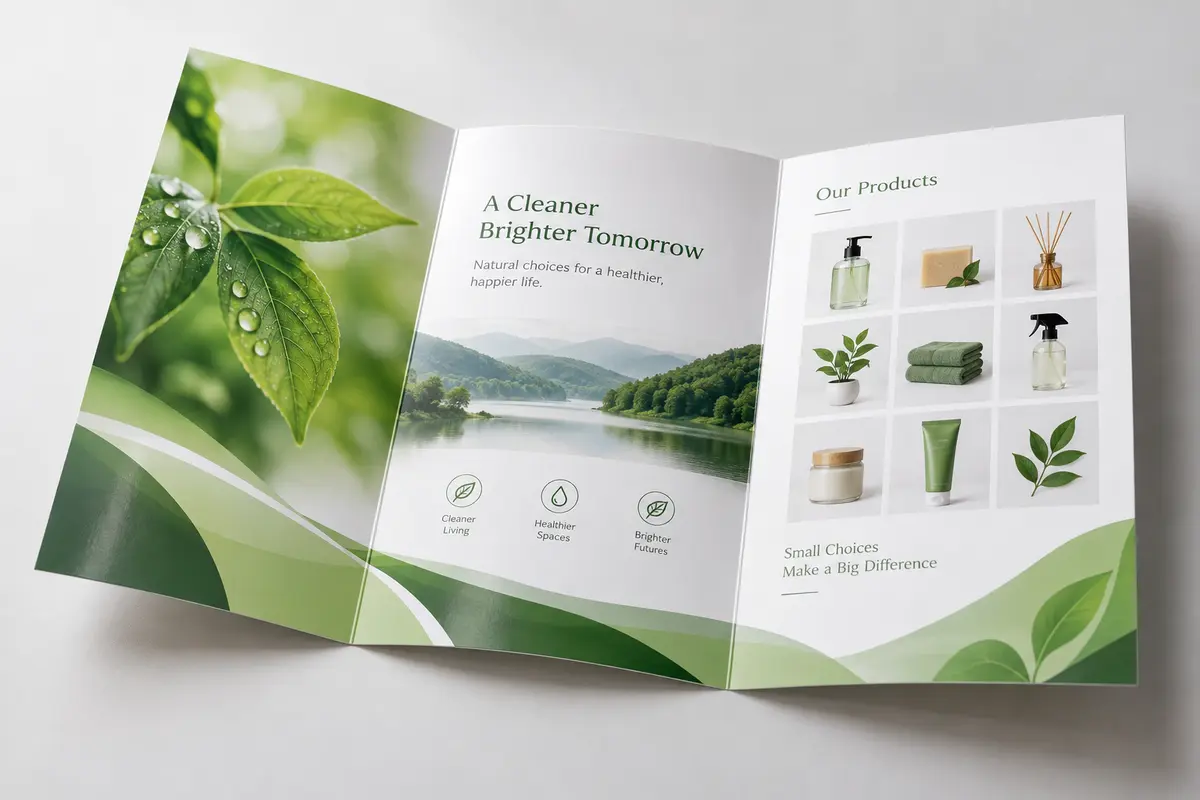 Brochure giấy Couche gấp ba thiết kế xanh lá