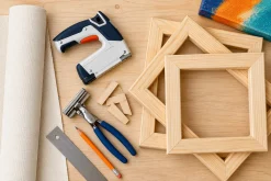 Khung gỗ, vải Canvas và dụng cụ gia công tranh căng khung.