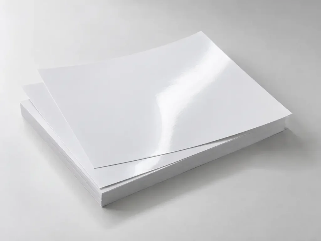 Chồng giấy ảnh trắng chưa in với bề mặt bóng phản chiếu ánh sáng.