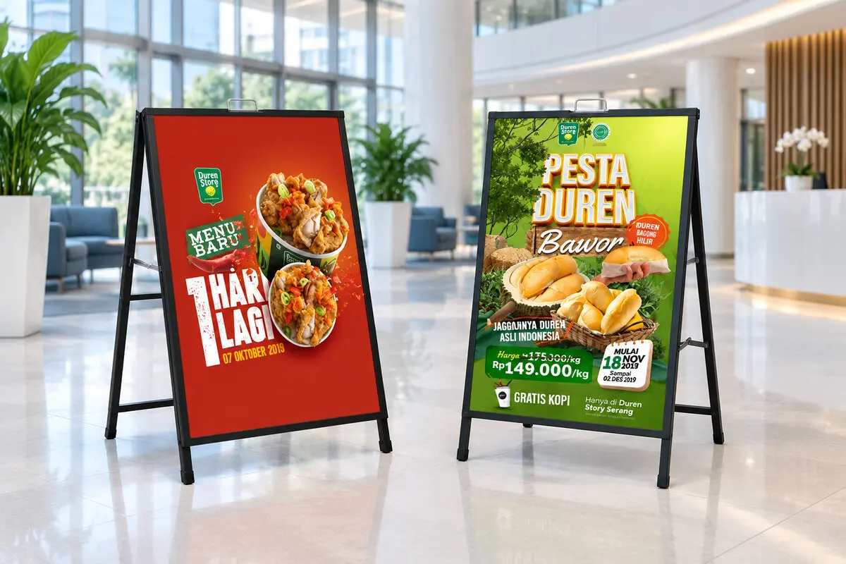 Hai standee chữ A quảng cáo món ăn đặt tại sảnh
