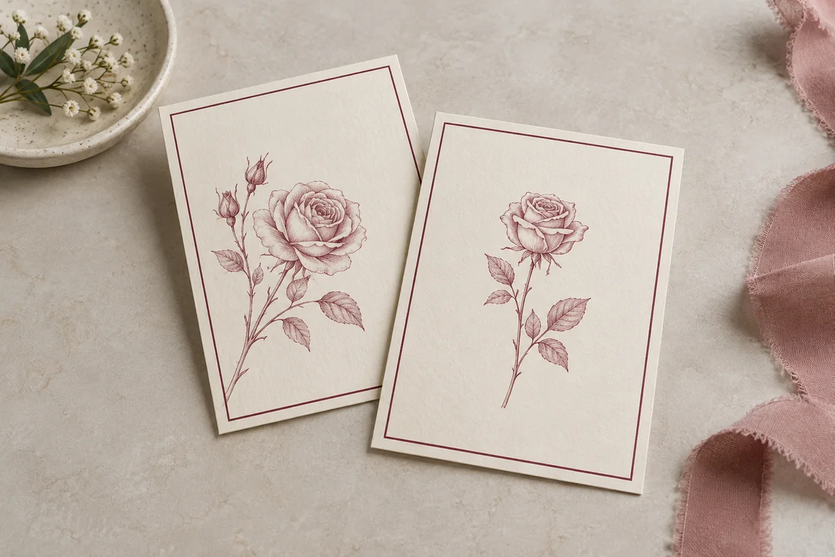 Hai tấm thiệp màu kem có viền đỏ và hình hoa hồng nét mảnh.