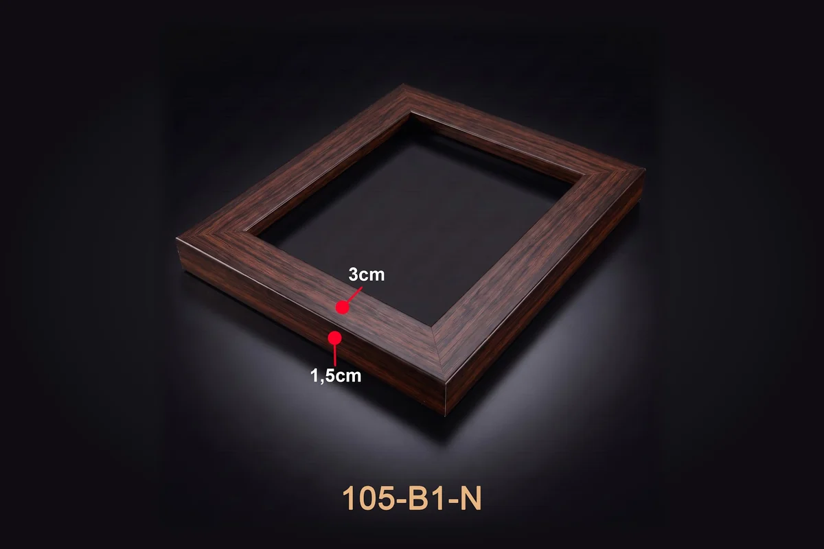 Khung tranh gỗ nâu mã 105-B1-N với thông số mặt cắt minh họa.